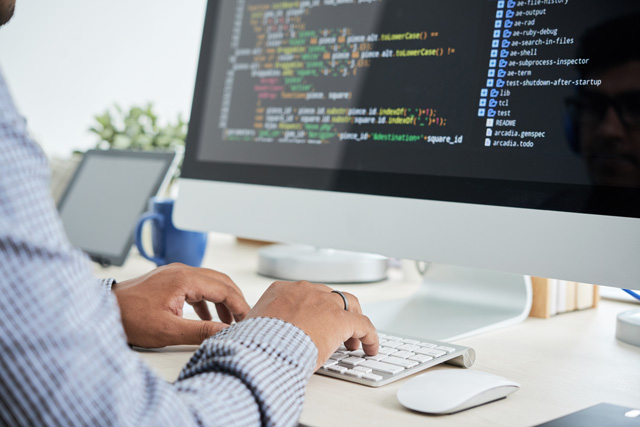 Ein Mensch sitzt vor einem Computer. Auf dem Bildschirm sind Codezeilen zu sehen. Das Bild soll für die Entwickler und Betreiber der digitalen Baugenehmigung stehen.